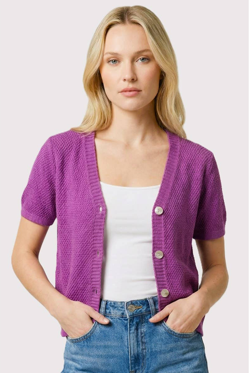 Audra Button Down Waffle Sweater Cardigan - Orchid Purple