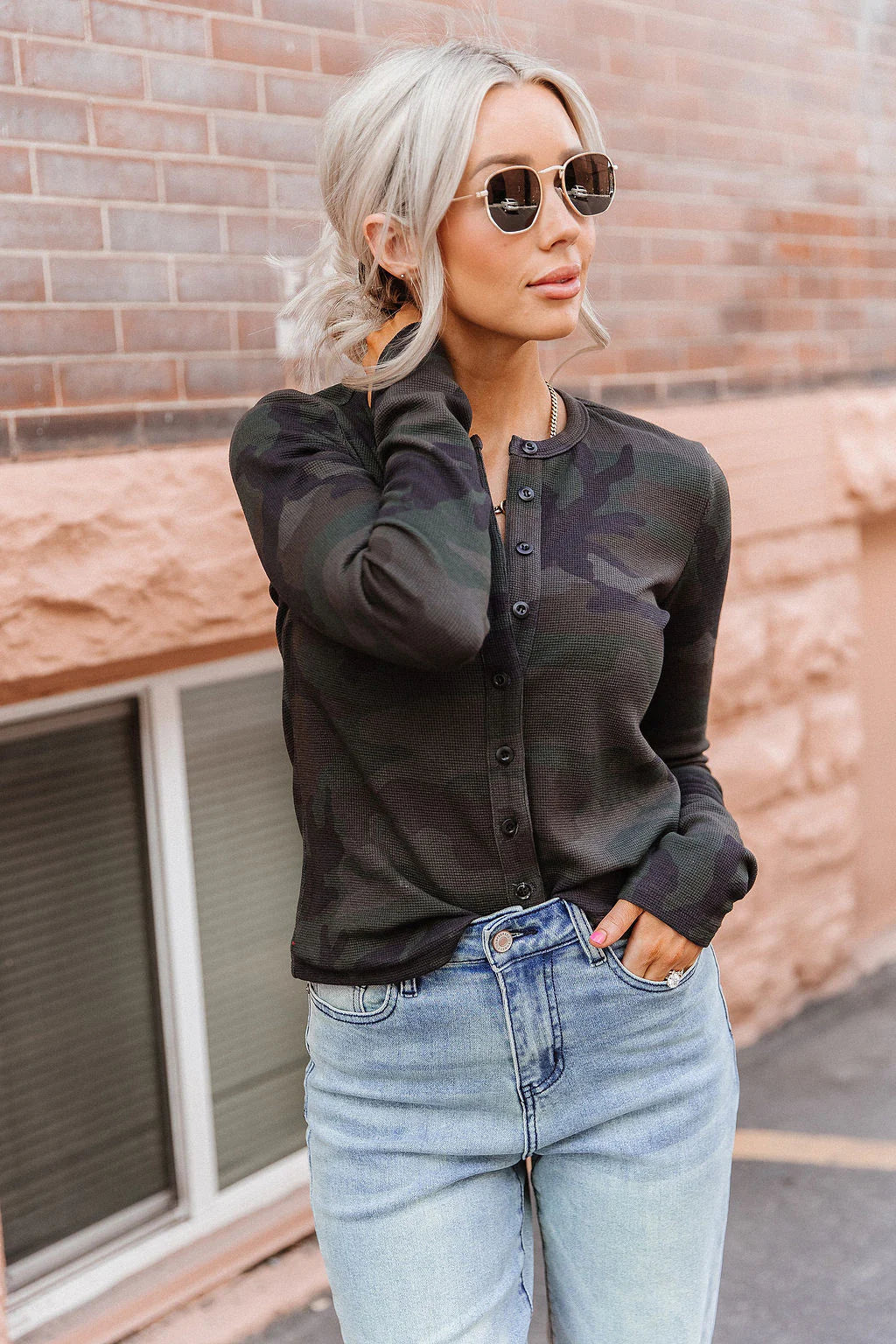 ***PRE-ORDER*** Ampersand Button Front Long Sleeve Lulu - Cross-Country Camo