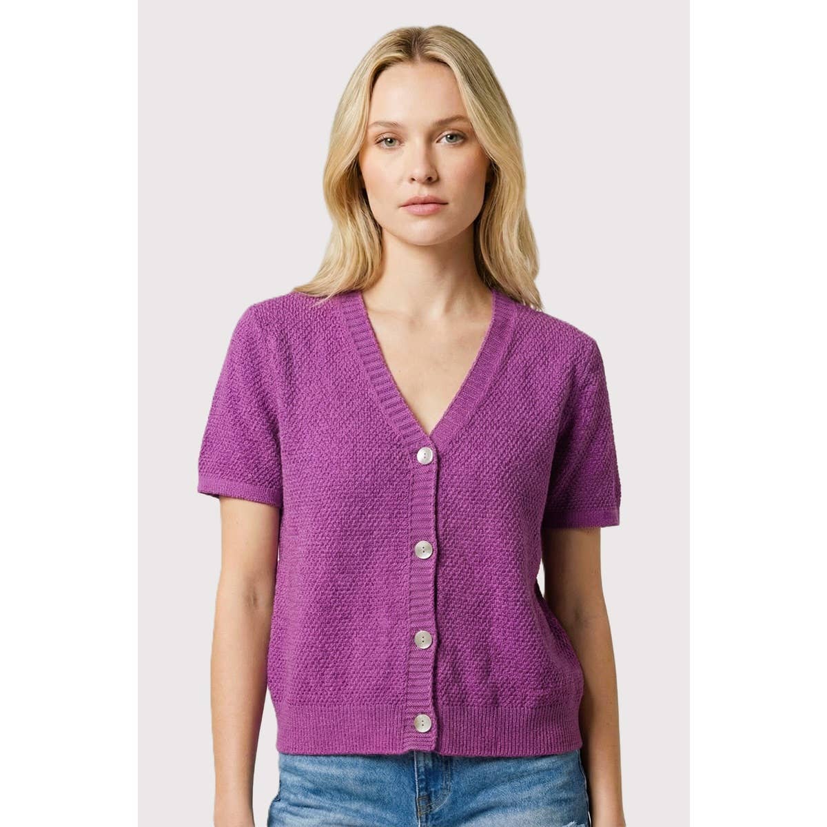 Audra Button Down Waffle Sweater Cardigan - Orchid Purple