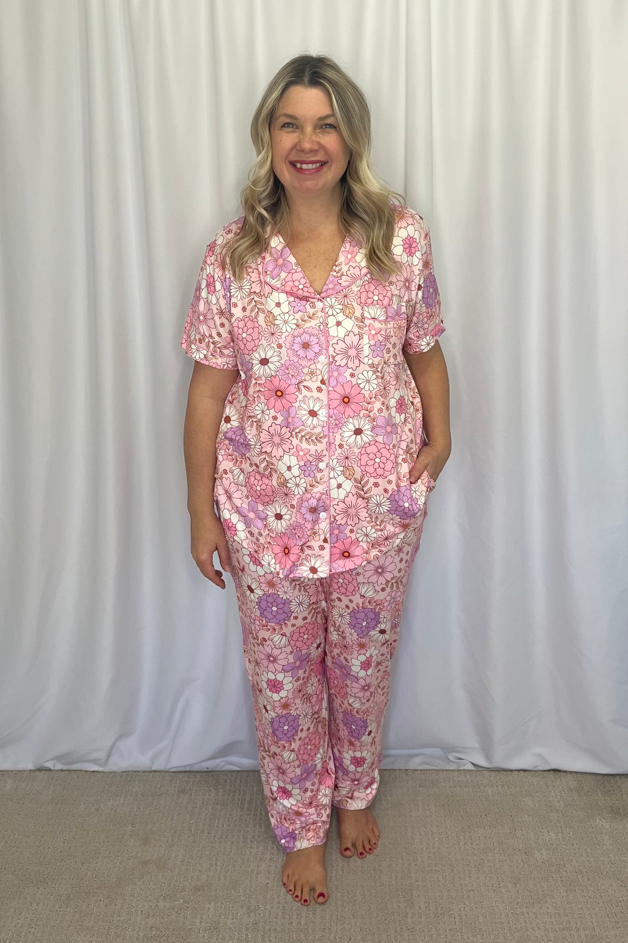 Shirley Button Down Pant PJ Set - Pink Boho