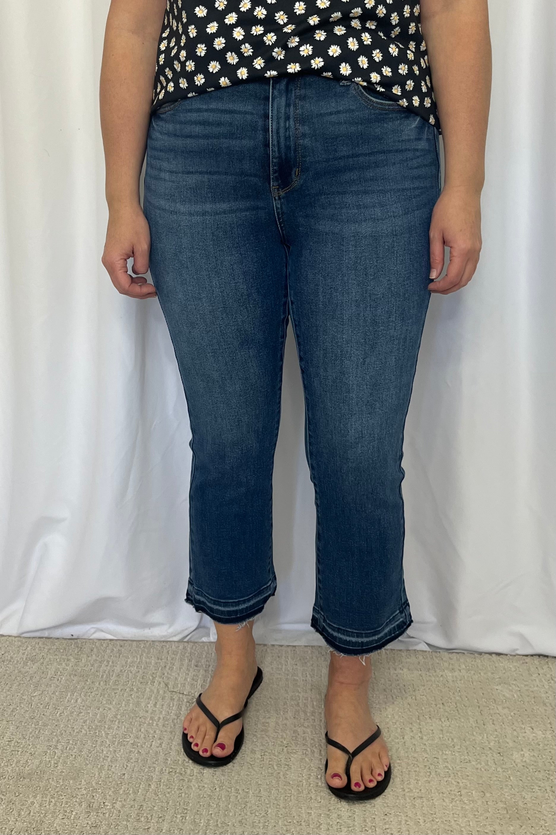 Judy Blue "Wyatt" High Rise Release Hem Kick Flare Denim - Dark Mid Wash