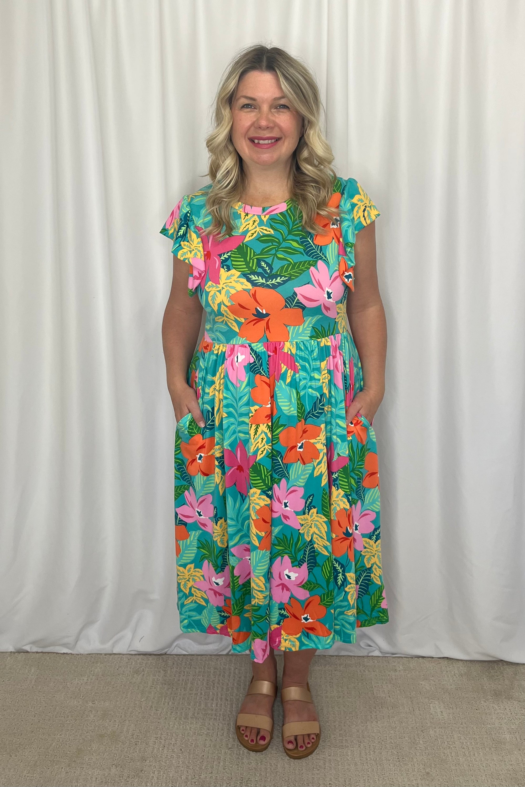 Tricia Midi Floral Dress with Pockets - Turquoise