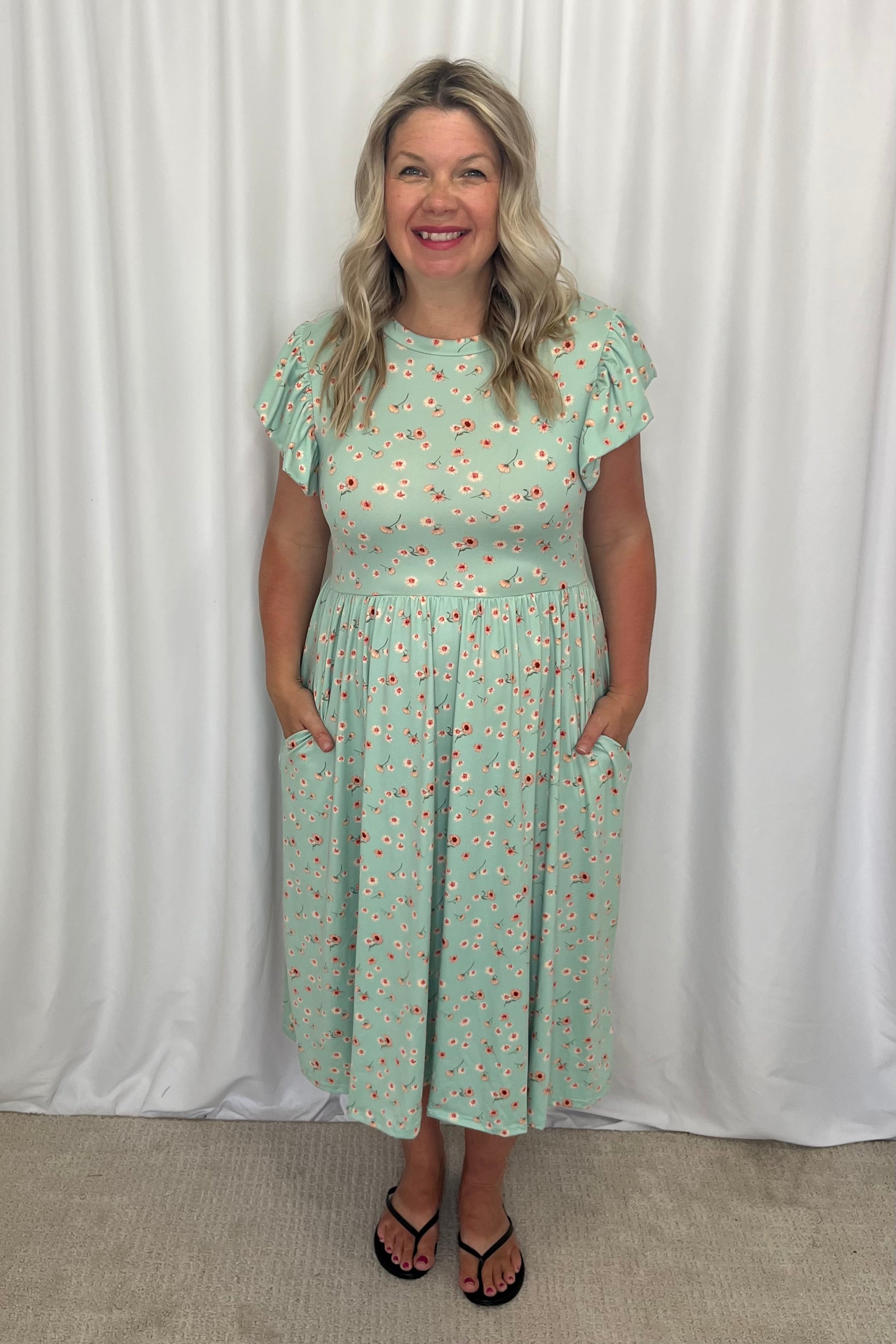 Tricia Midi Floral Dress with Pockets - Sage