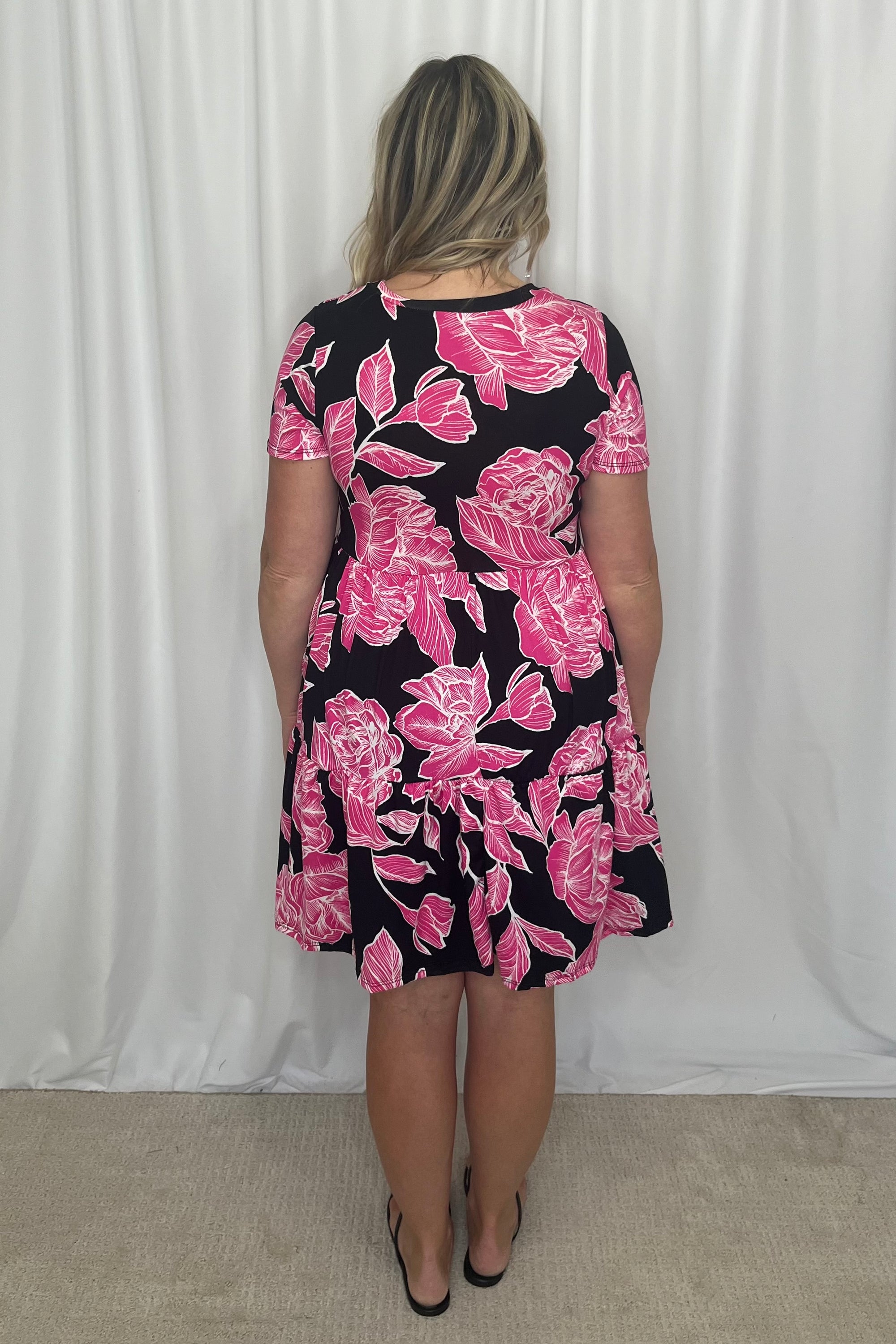 Marcia Tiered Dress with Pockets - Black and Magenta