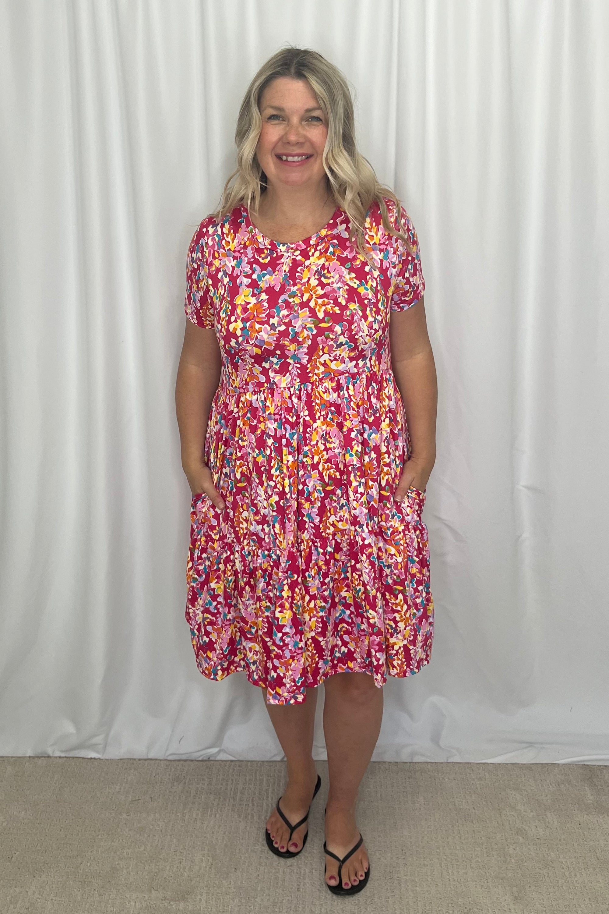 Marcia Tiered Dress with Pockets - Fuchsia Floral