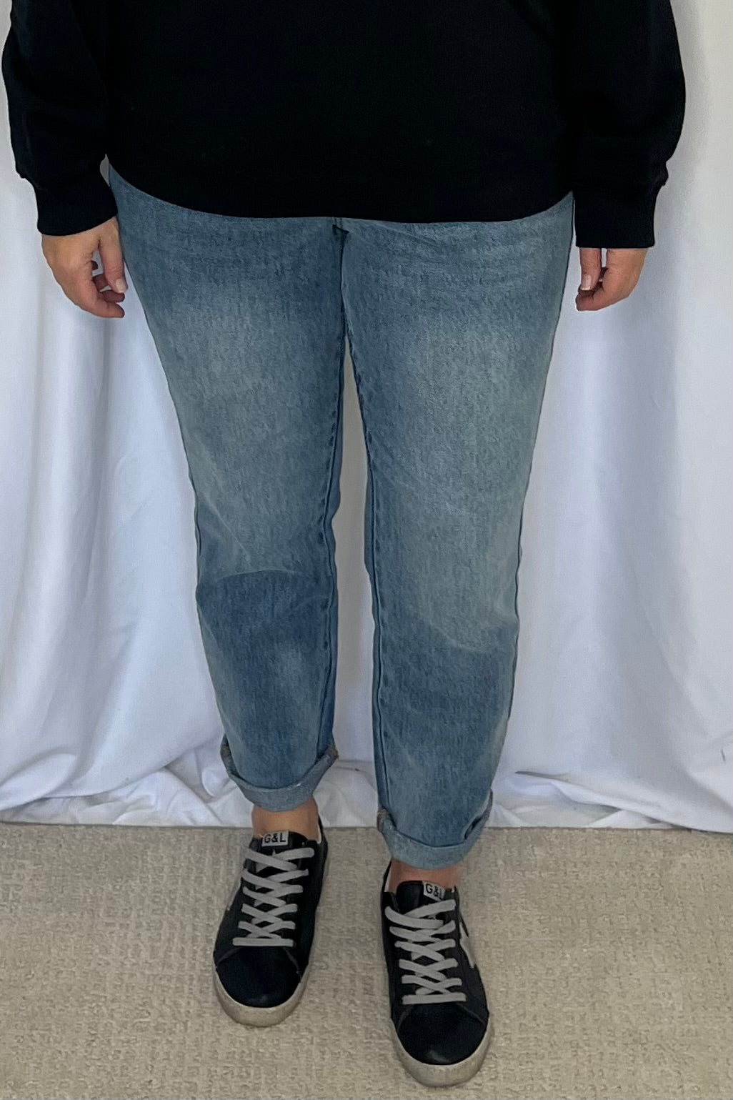 Judy Blue Mid Rise Magic Release Hem Boyfriend Denim - Mid Wash