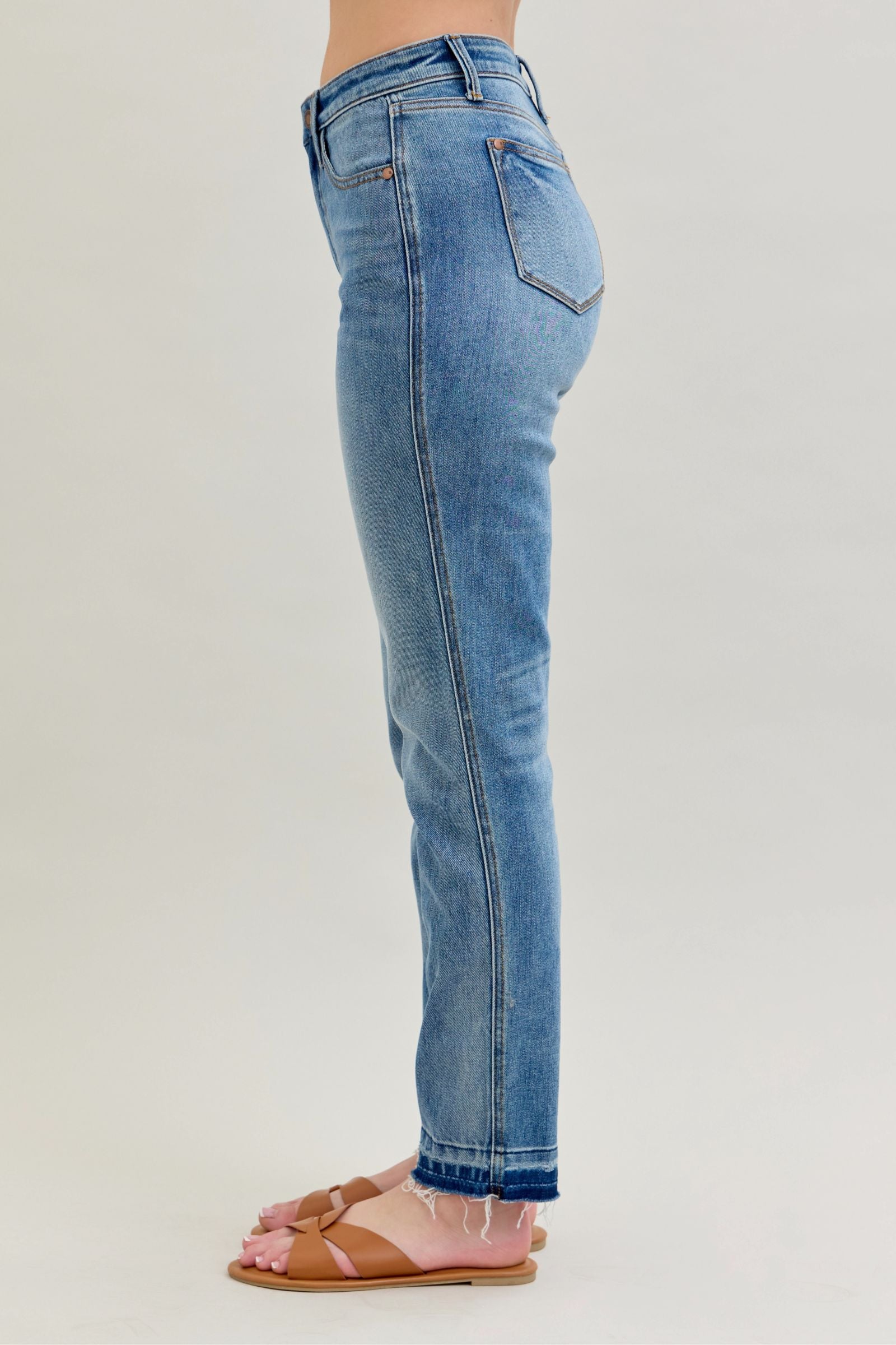 Judy Blue Mid Rise Magic Release Hem Boyfriend Denim - Mid Wash