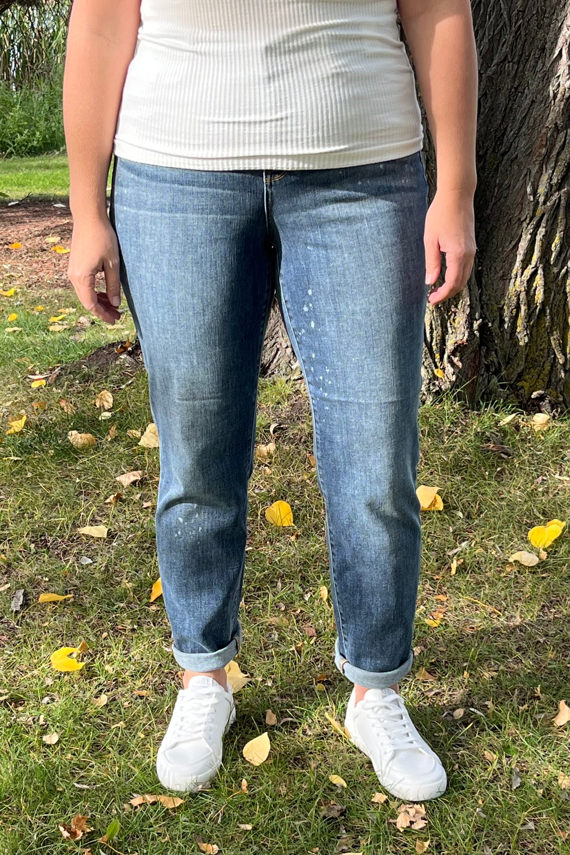 Judy Blue "Lennon" High Rise Bleach Splash Boyfriend Denim - Dark Mid Wash