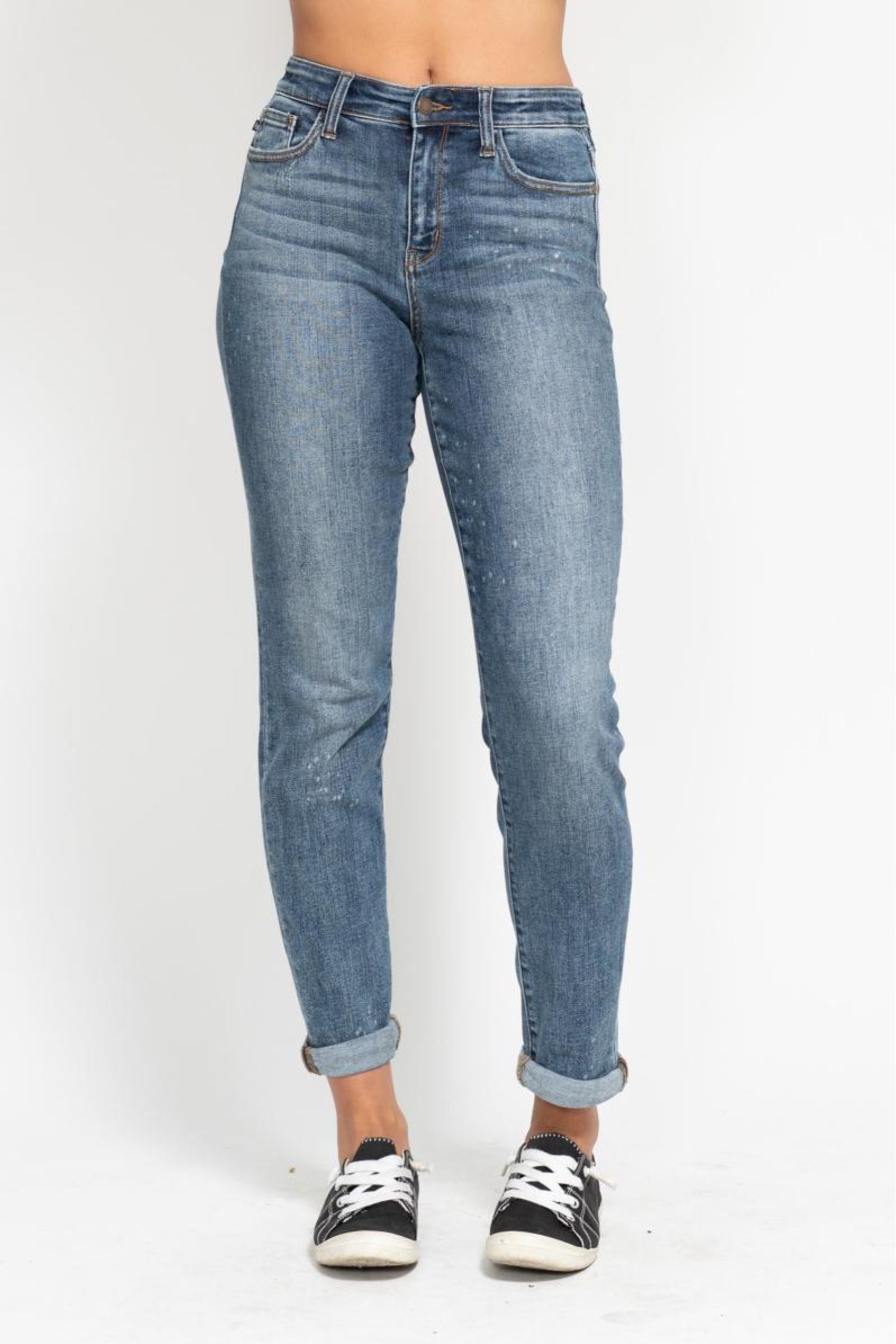 Judy Blue "Lennon" High Rise Bleach Splash Boyfriend Denim - Dark Mid Wash