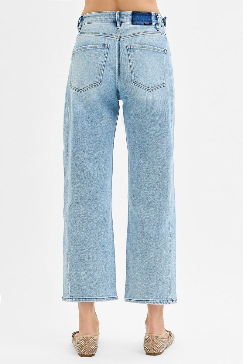 Risen "Cooper" Crop Length Gentle Barrel Jeans with Adjustable Waist - Light Wash