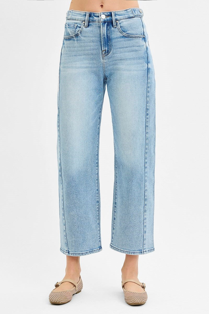Risen "Cooper" Crop Length Gentle Barrel Jeans with Adjustable Waist - Light Wash