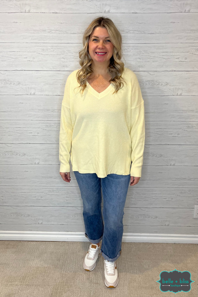 Julie Waffle V-Neck Sweater - Butter Yellow Tops & Sweaters