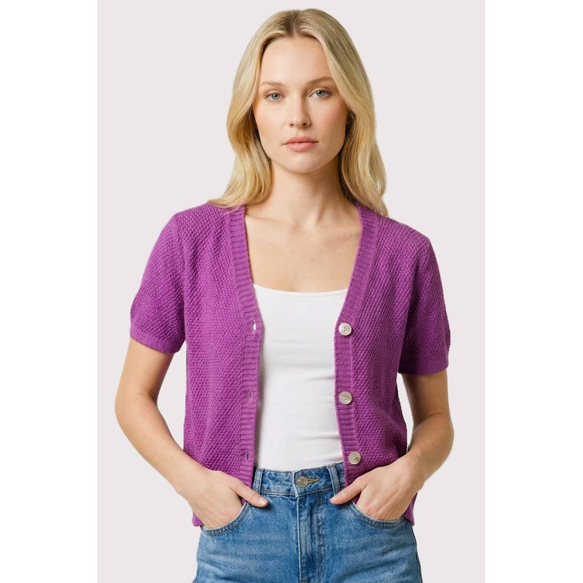 Audra Button Down Waffle Sweater Cardigan - Orchid Purple