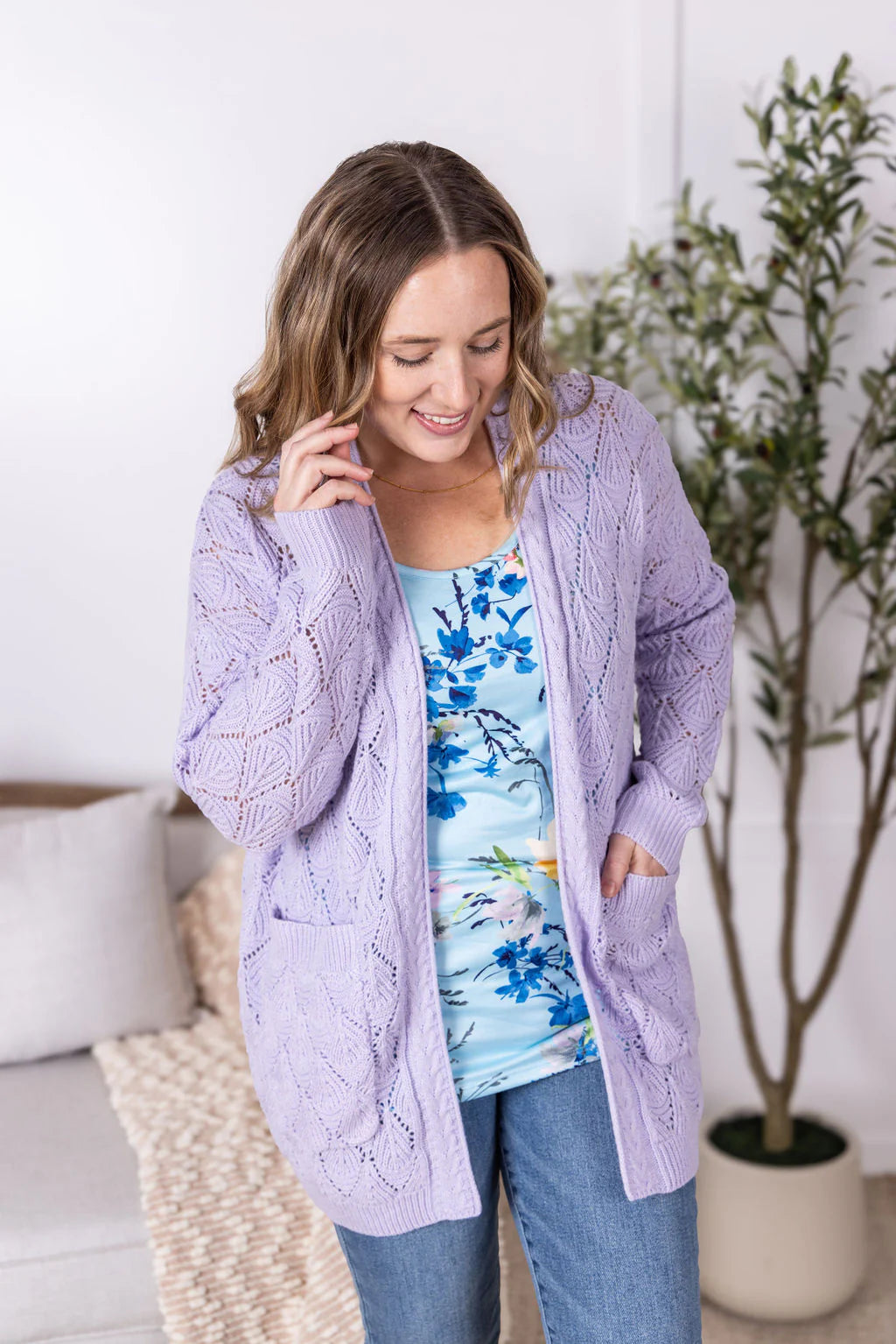 ***PRE-ORDER*** Michelle Mae Open Knit Cardigan - Lavender