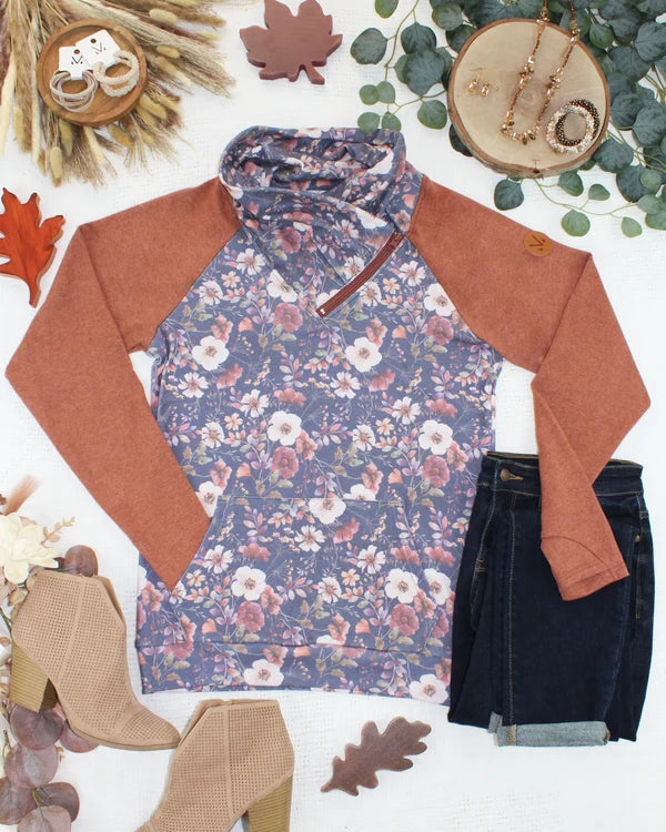 ***PRE-ORDER*** Michelle Mae Classic Zoey ZipCowl Sweatshirt - Blushwood Floral and Terra Cotta