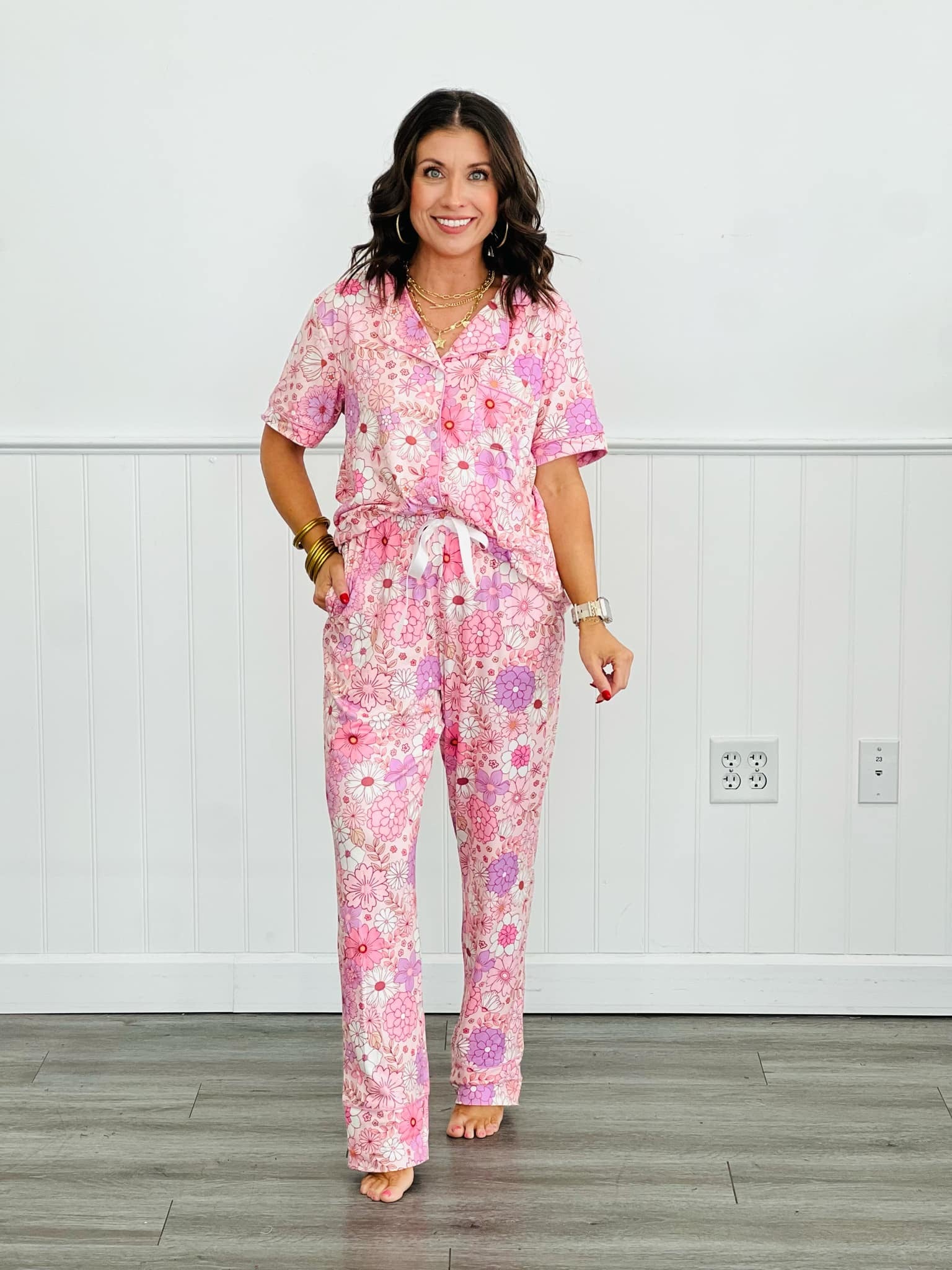 Shirley Button Down Pant PJ Set - Pink Boho