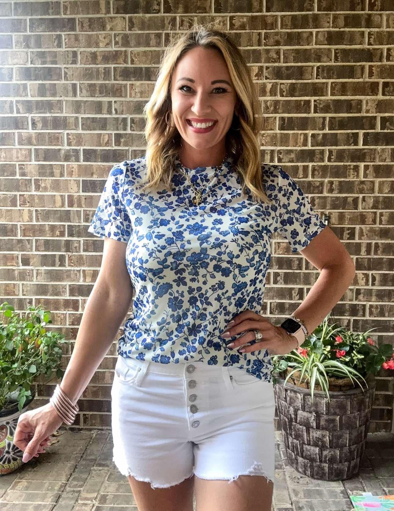 Shirley Short Sleeve Mesh Tops - Navy Floral