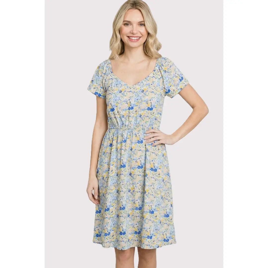 Kaelyn Flutter Sleeve Floral Printed Dress - Blue
