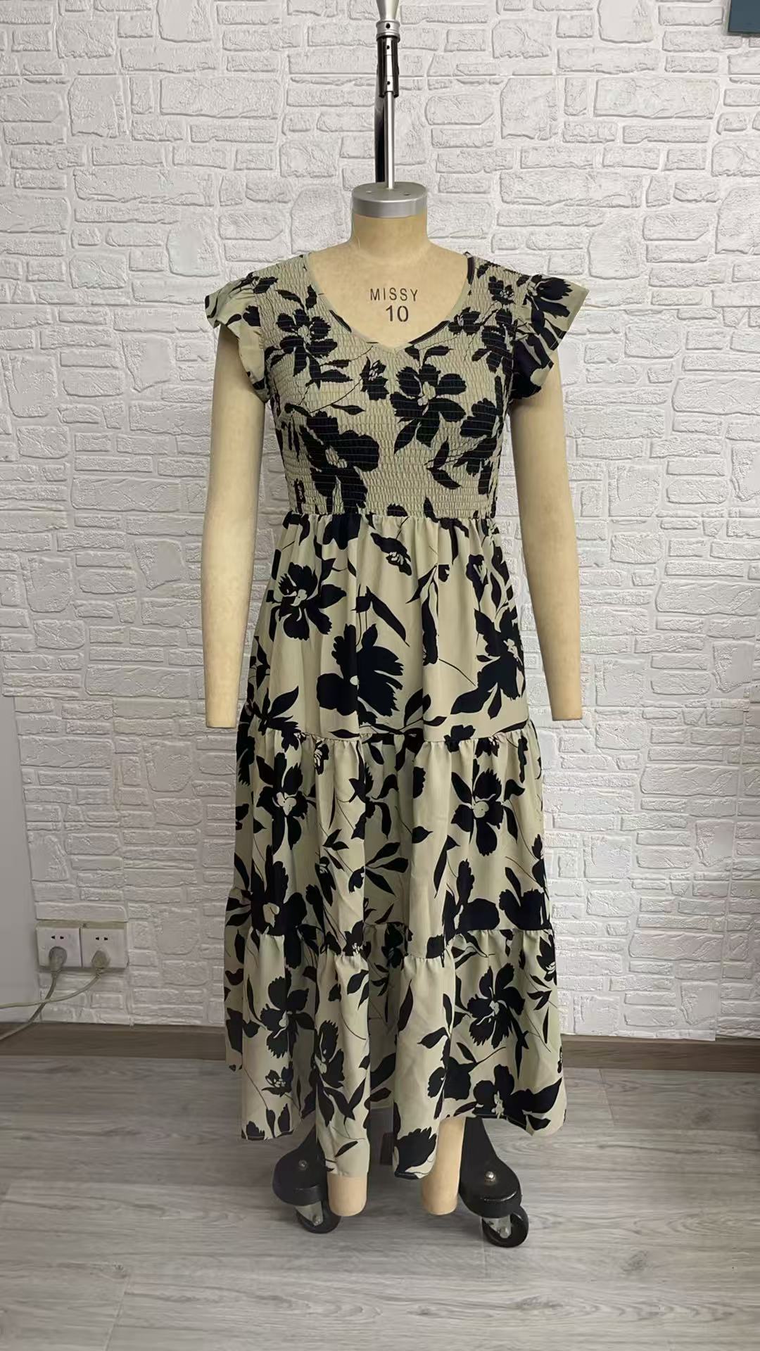 Serina Smocked Tiered Dress with Pockets - Black Floral