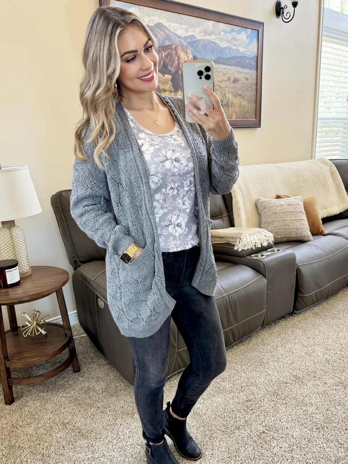 Michelle Mae Open Knit Cardigan - Grey
