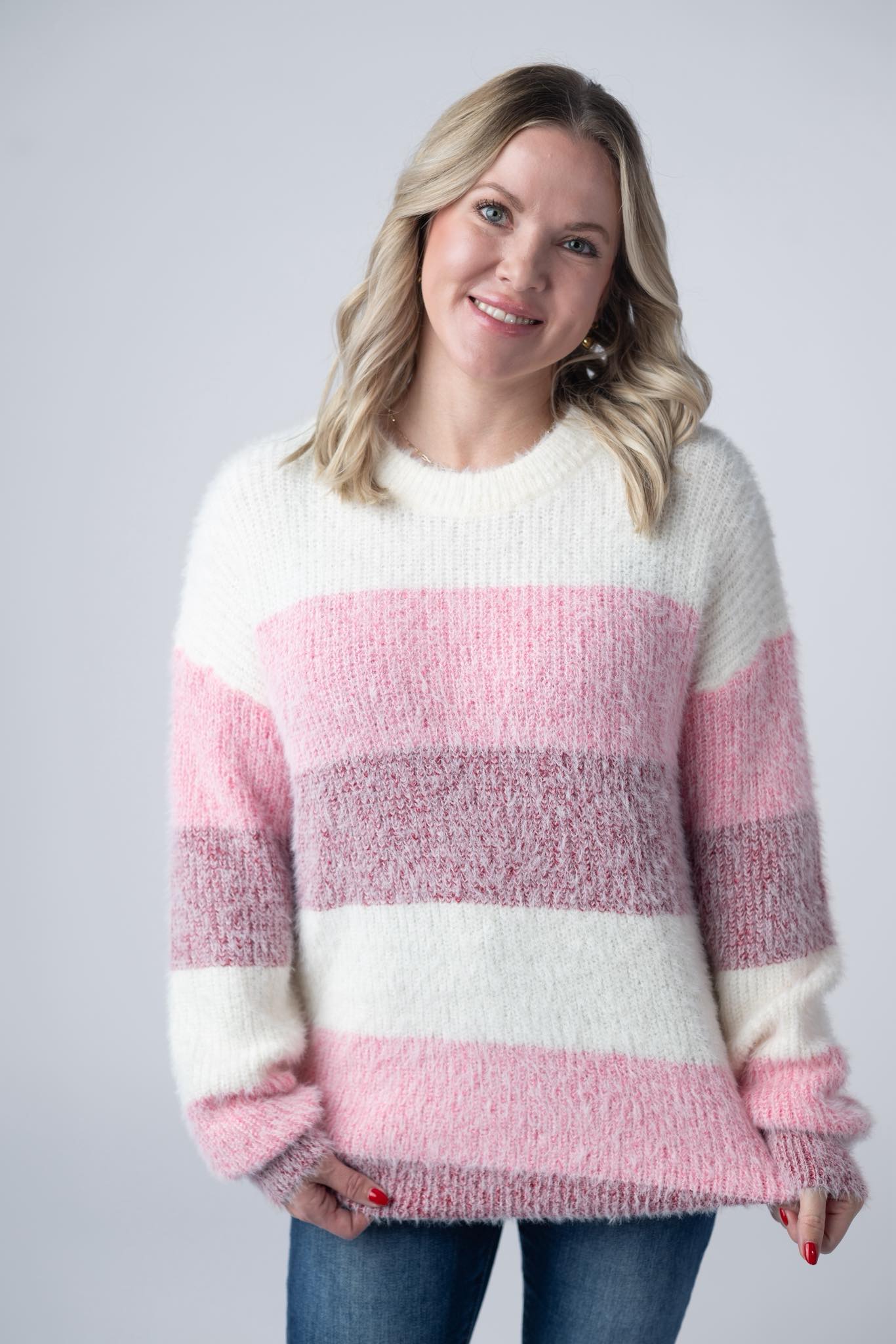 Michelle Mae Cozy Block Sweater - Pink Stripe
