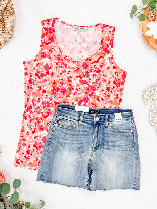 Michelle Mae Luxe Crew Tank - Peach Abstract Floral