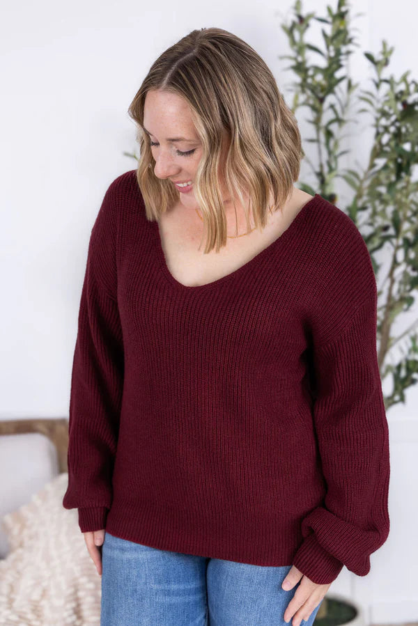 Michelle Mae &quot;Bethany&quot; Bow Knit Sweater - Burgundy