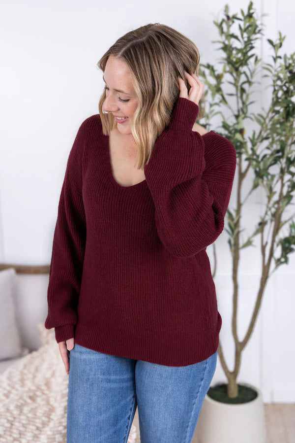 Michelle Mae "Bethany" Bow Knit Sweater - Burgundy