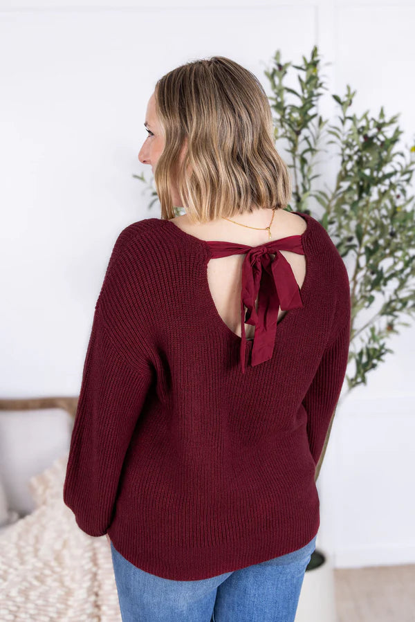 Michelle Mae "Bethany" Bow Knit Sweater - Burgundy