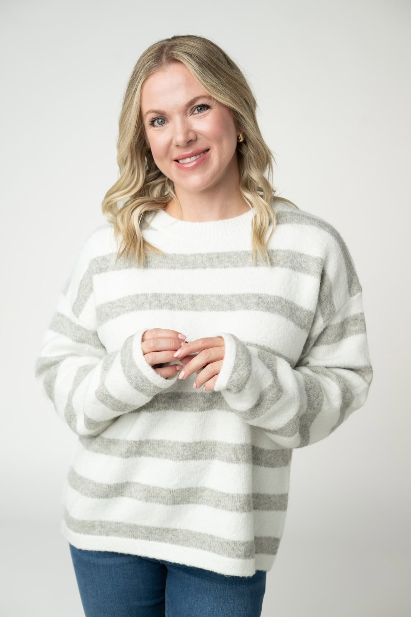 ***PRE-ORDER*** Michelle Mae Cozy Stripe Sweater - Grey & White