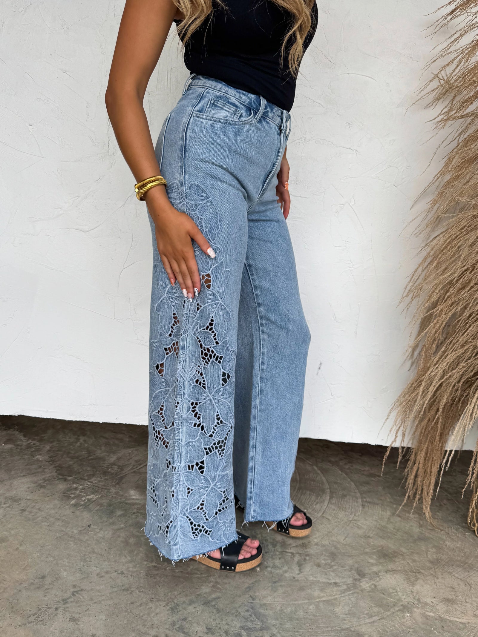 Floral Charm Wide Leg Denim - Light Wash