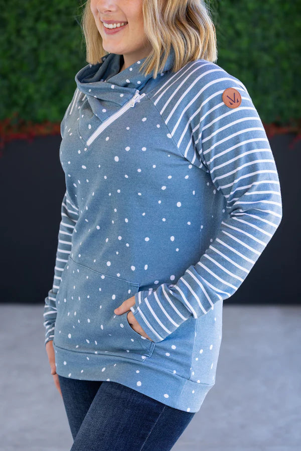 Michelle Mae Zoey ZipCowl Sweatshirt - Teal Dots and Stripes