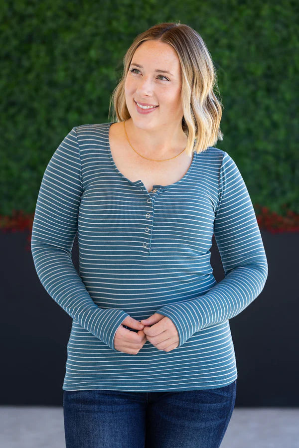 Michelle Mae Striped Henley - Dark Teal