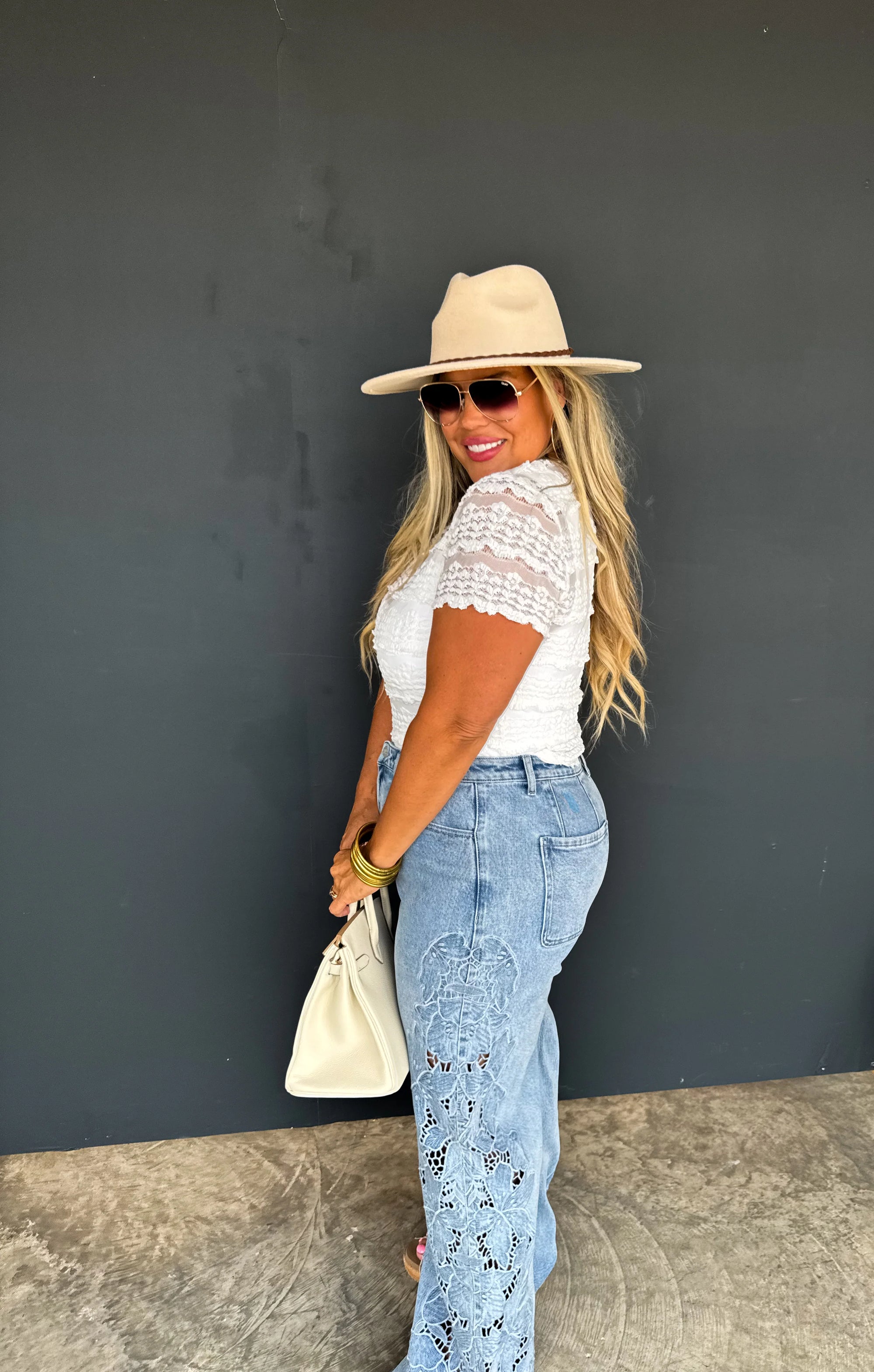 Floral Charm Wide Leg Denim - Light Wash