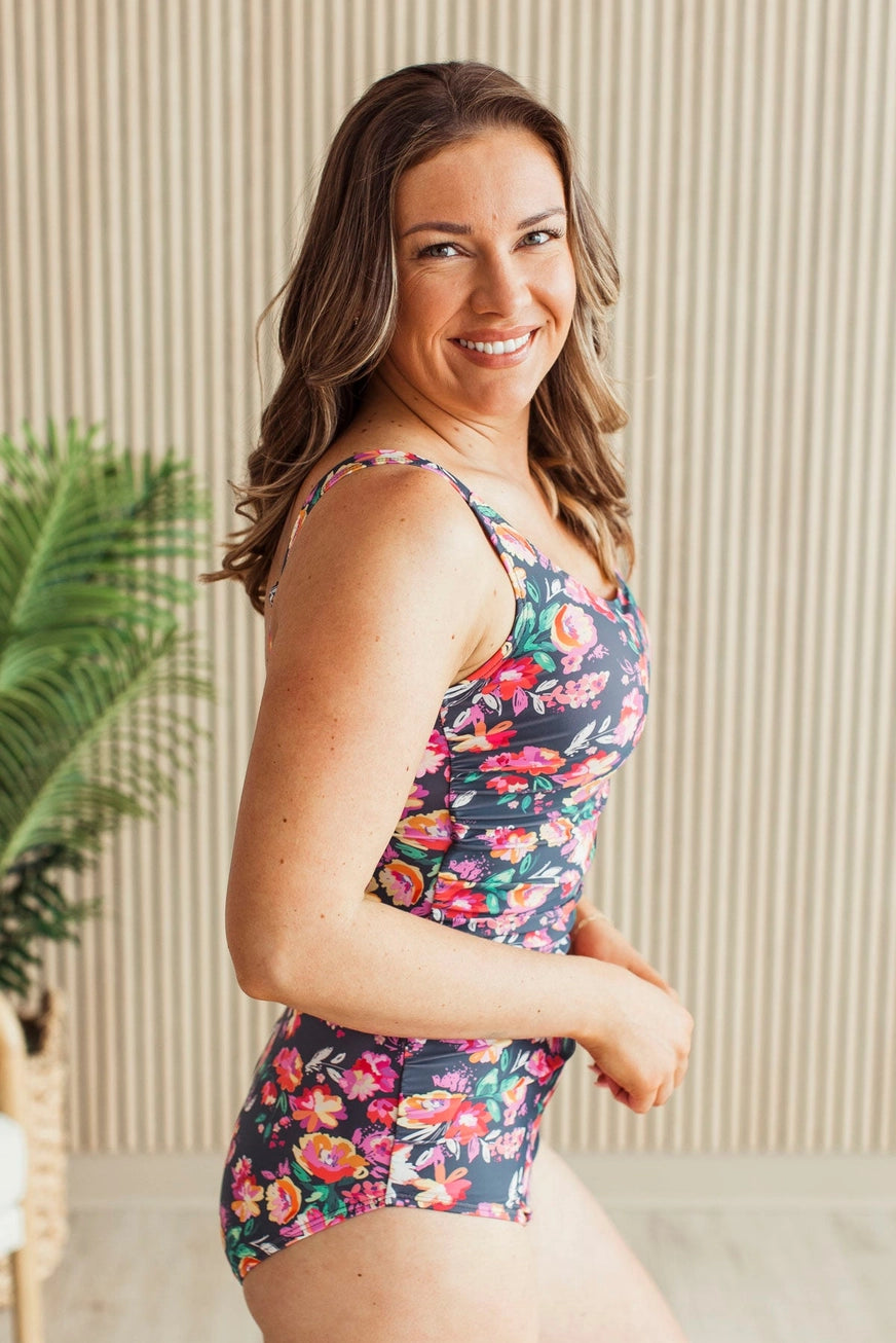 Here's To Summer One-Piece Swimsuit- Charcoal Neon Floral