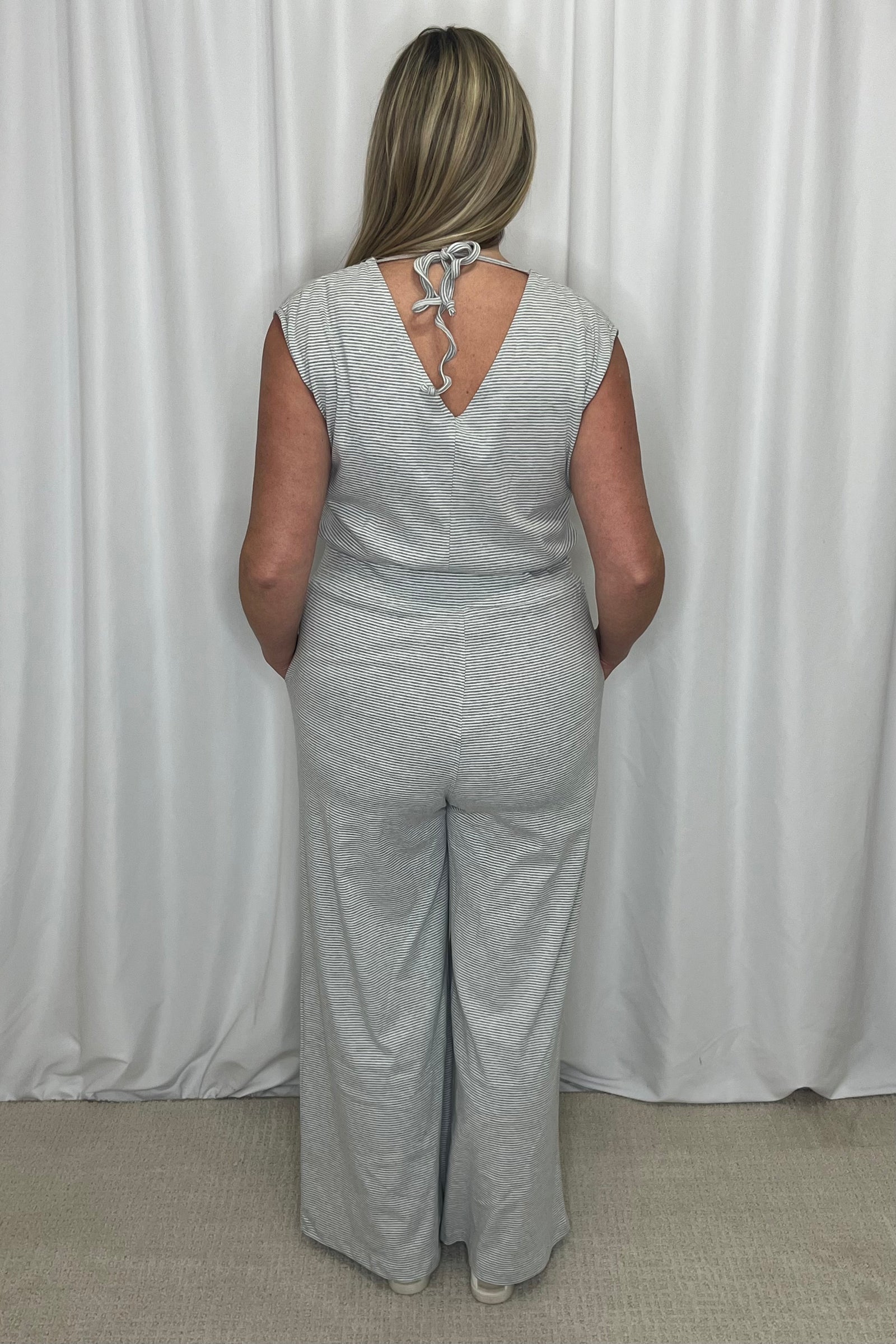 ***PRE-ORDER*** Michelle Mae Kenzie Striped Jumpsuit - Grey