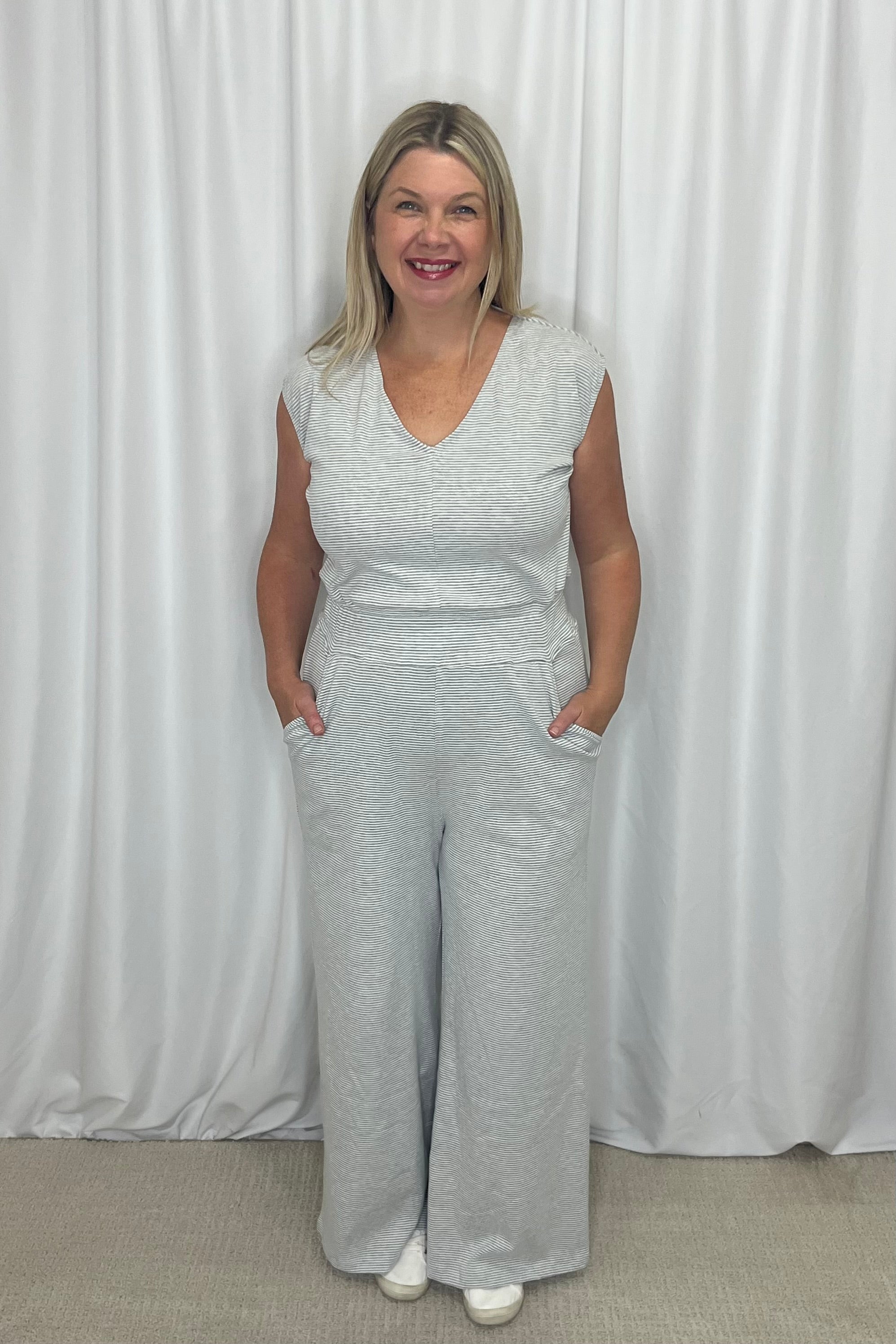 ***PRE-ORDER*** Michelle Mae Kenzie Striped Jumpsuit - Grey