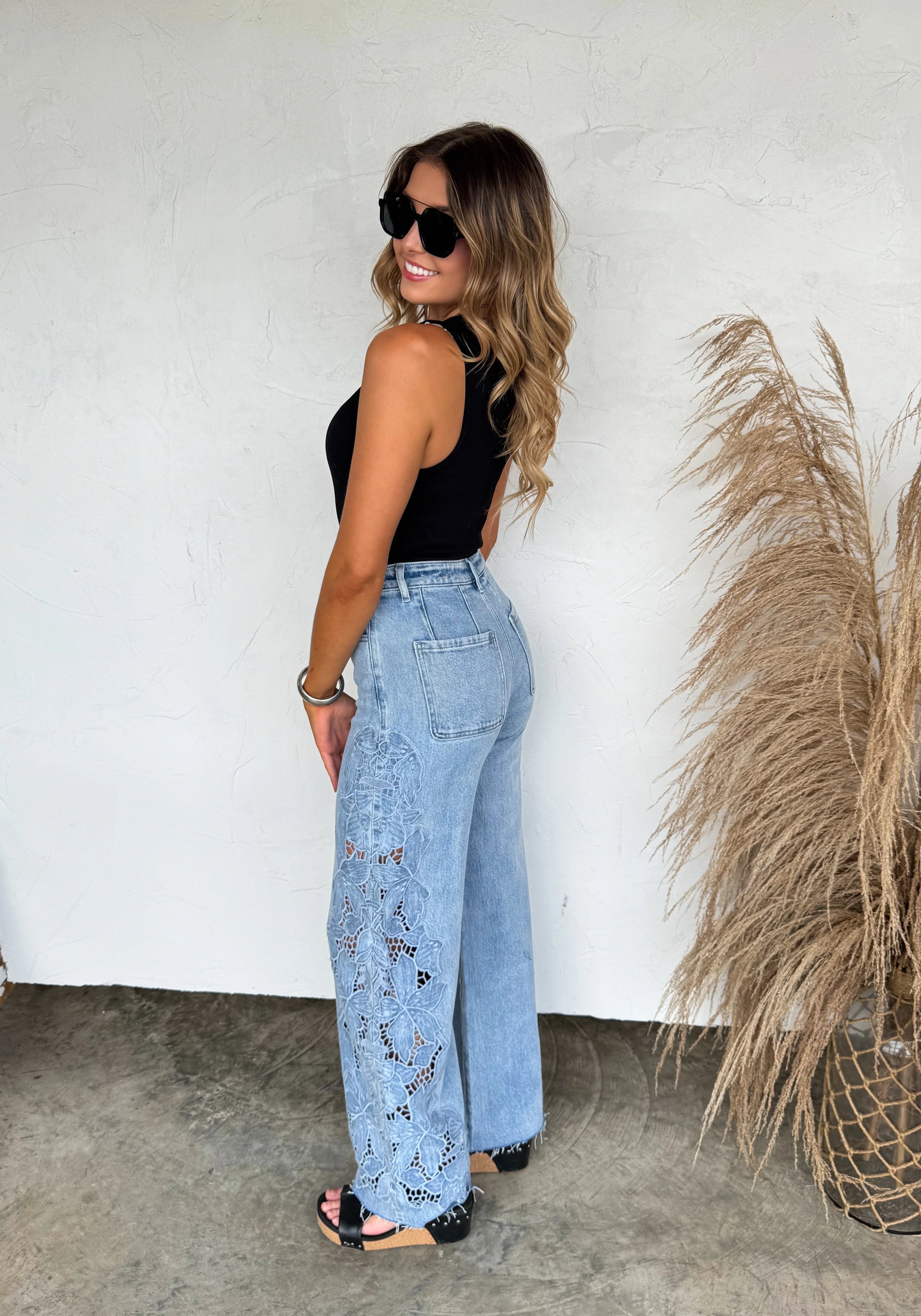 Floral Charm Wide Leg Denim - Light Wash