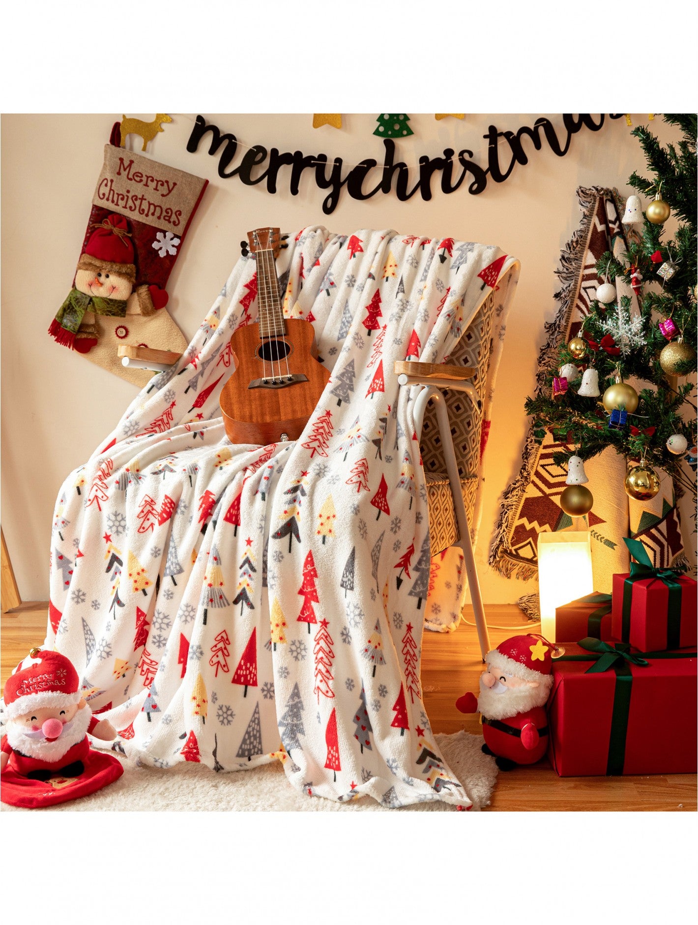 Double Sided Holiday Flannel Blanket - Christmas Trees