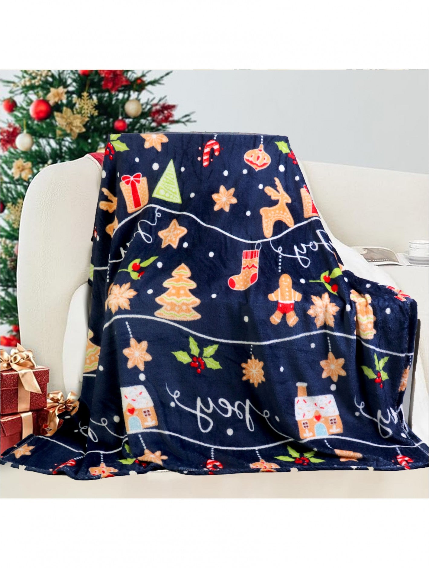 Double Sided Holiday Flannel Blanket - Navy Gingerman