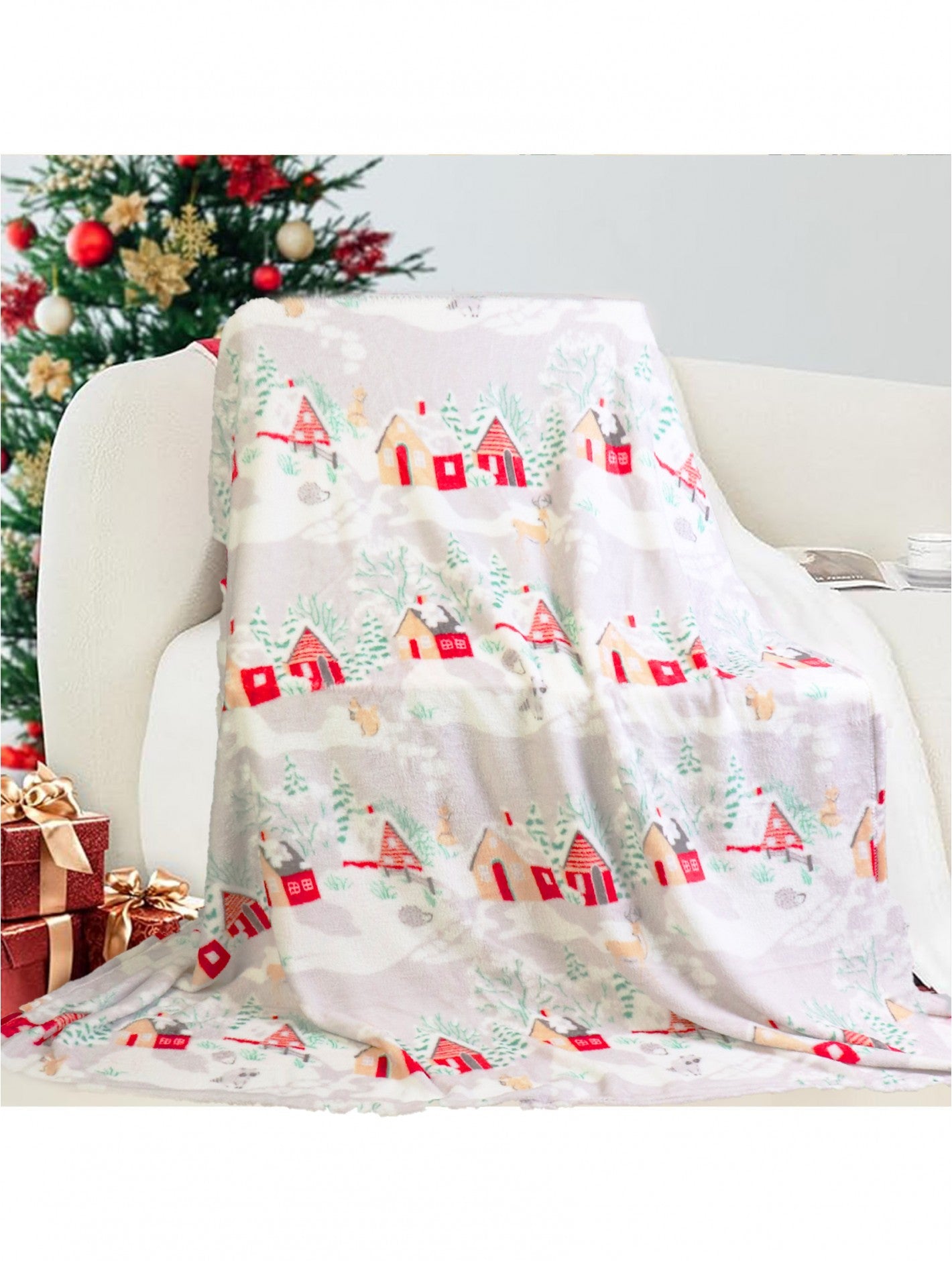 Double Sided Holiday Flannel Blanket - Christmas Village