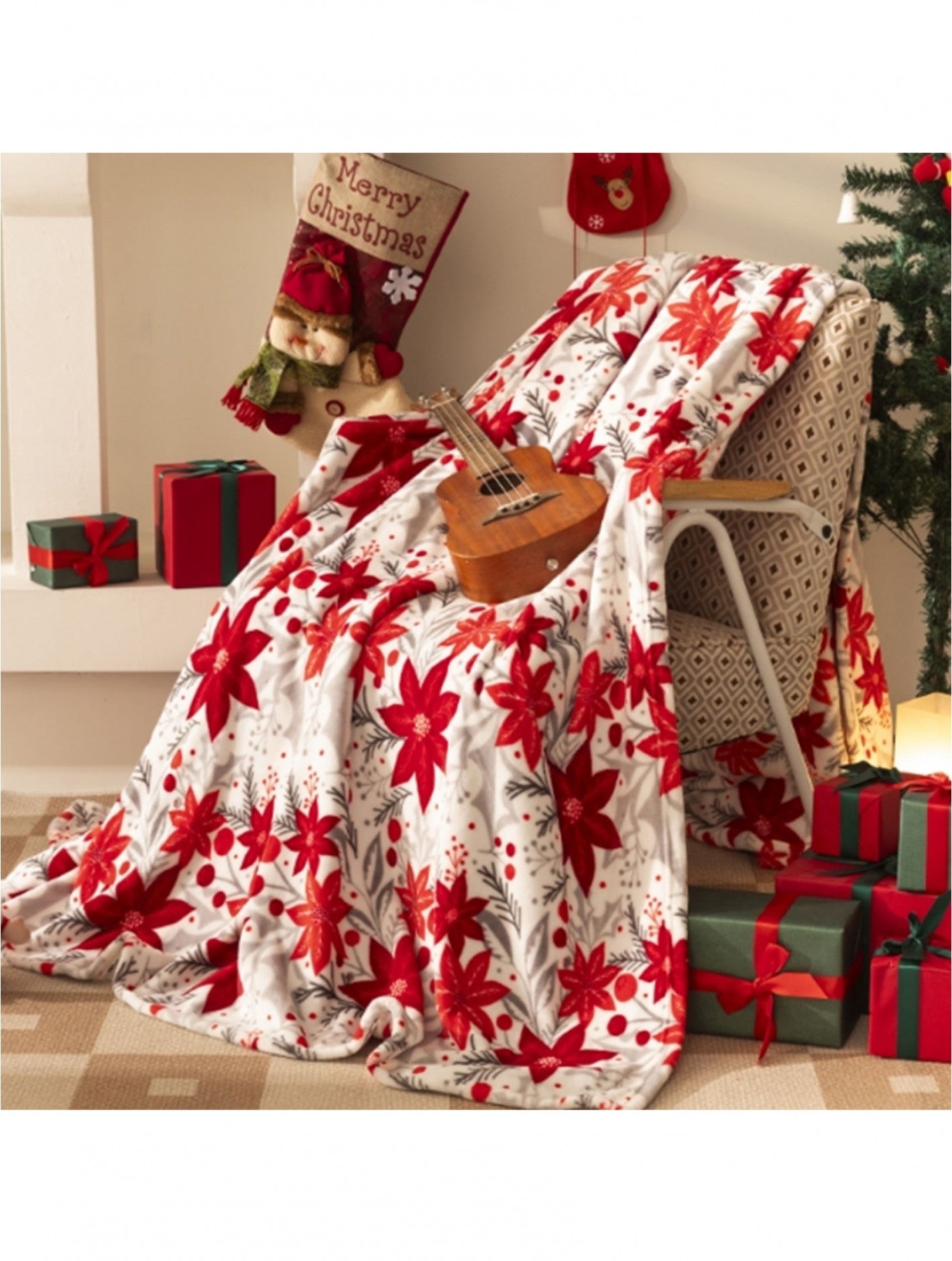 Double Sided Holiday Flannel Blanket - Poinsette