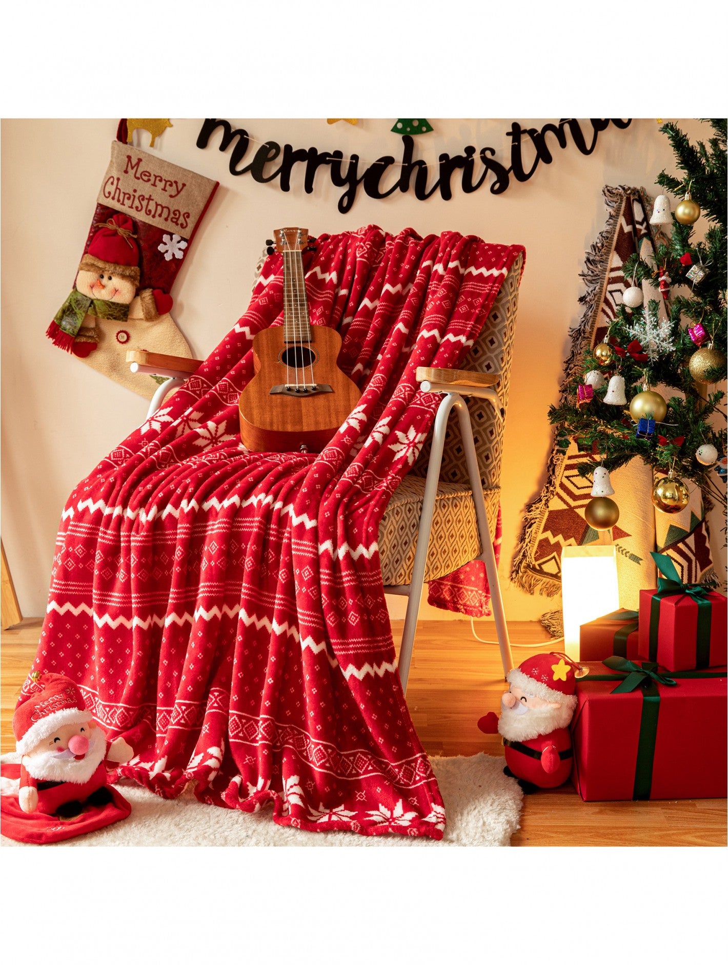 Double Sided Holiday Flannel Blanket - Red Snowflake