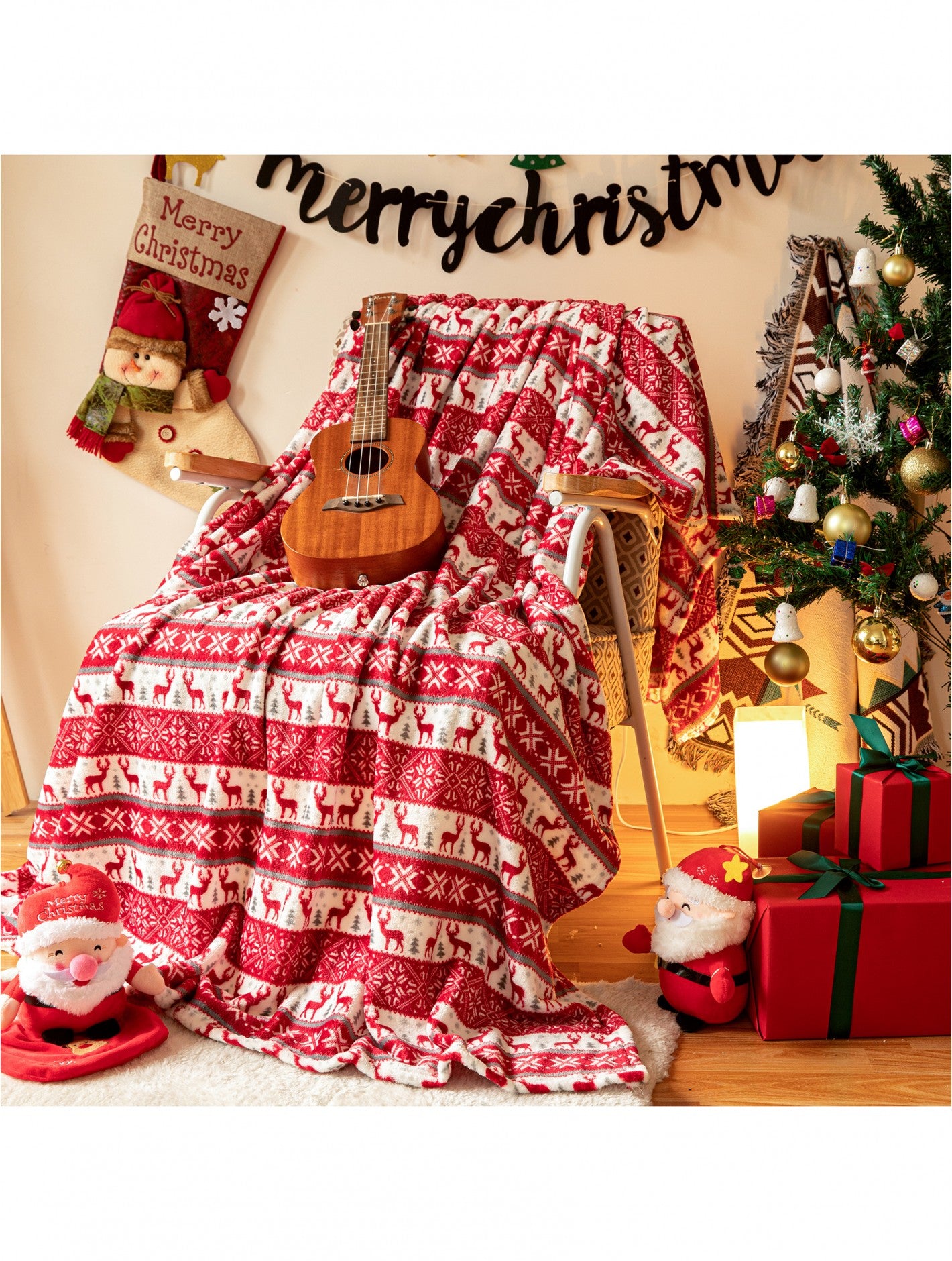 Double Sided Holiday Flannel Blanket - Red Reindeer