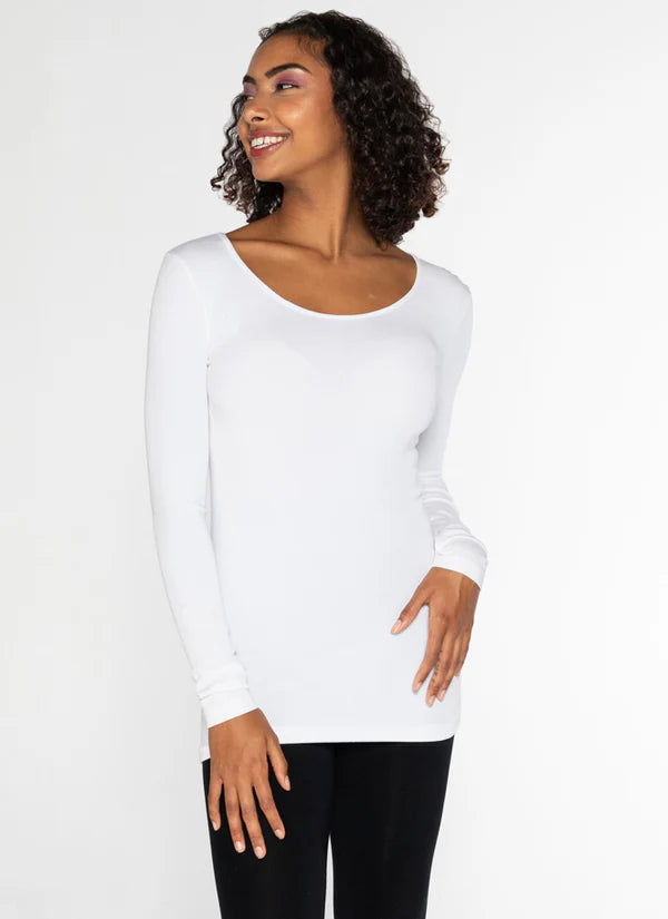 C'est Moi "Bamboo Long Sleeve Scoop Neck Top" - White