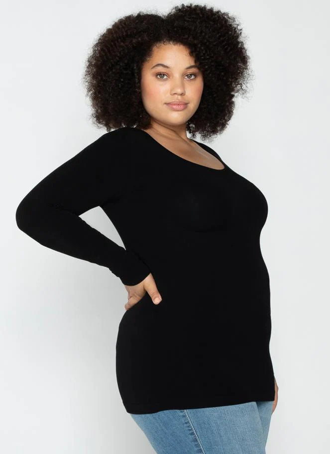 C'est Moi "Bamboo Curvy Long Sleeve Scoop Neck Top" - Black