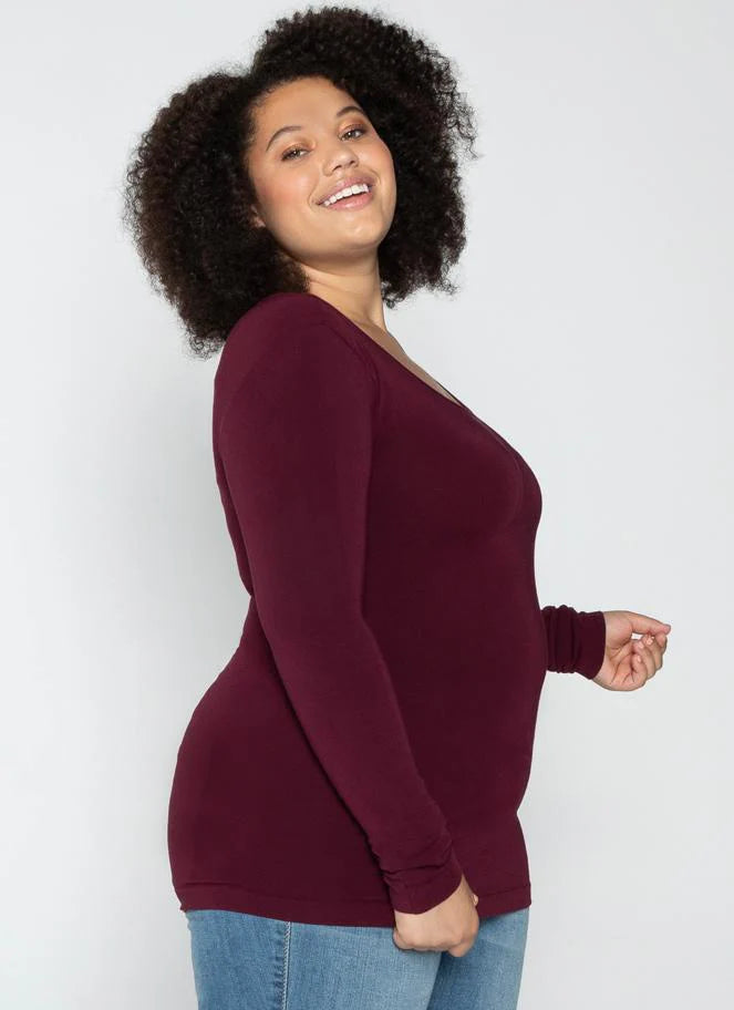 C'est Moi "Bamboo Curvy Long Sleeve Scoop Neck Top" - Bordeaux