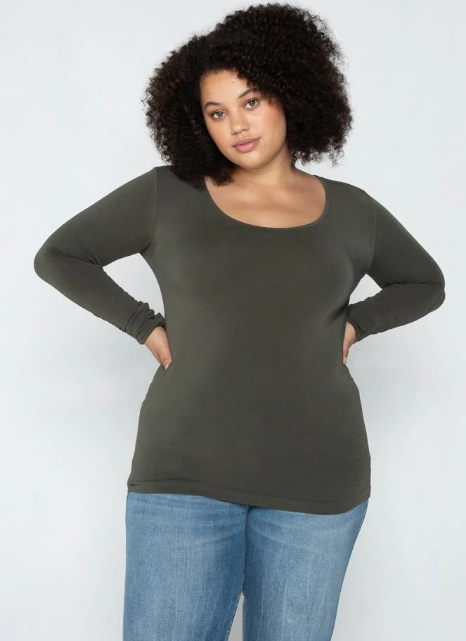 C'est Moi "Bamboo Curvy Long Sleeve Scoop Neck Top" - Olive