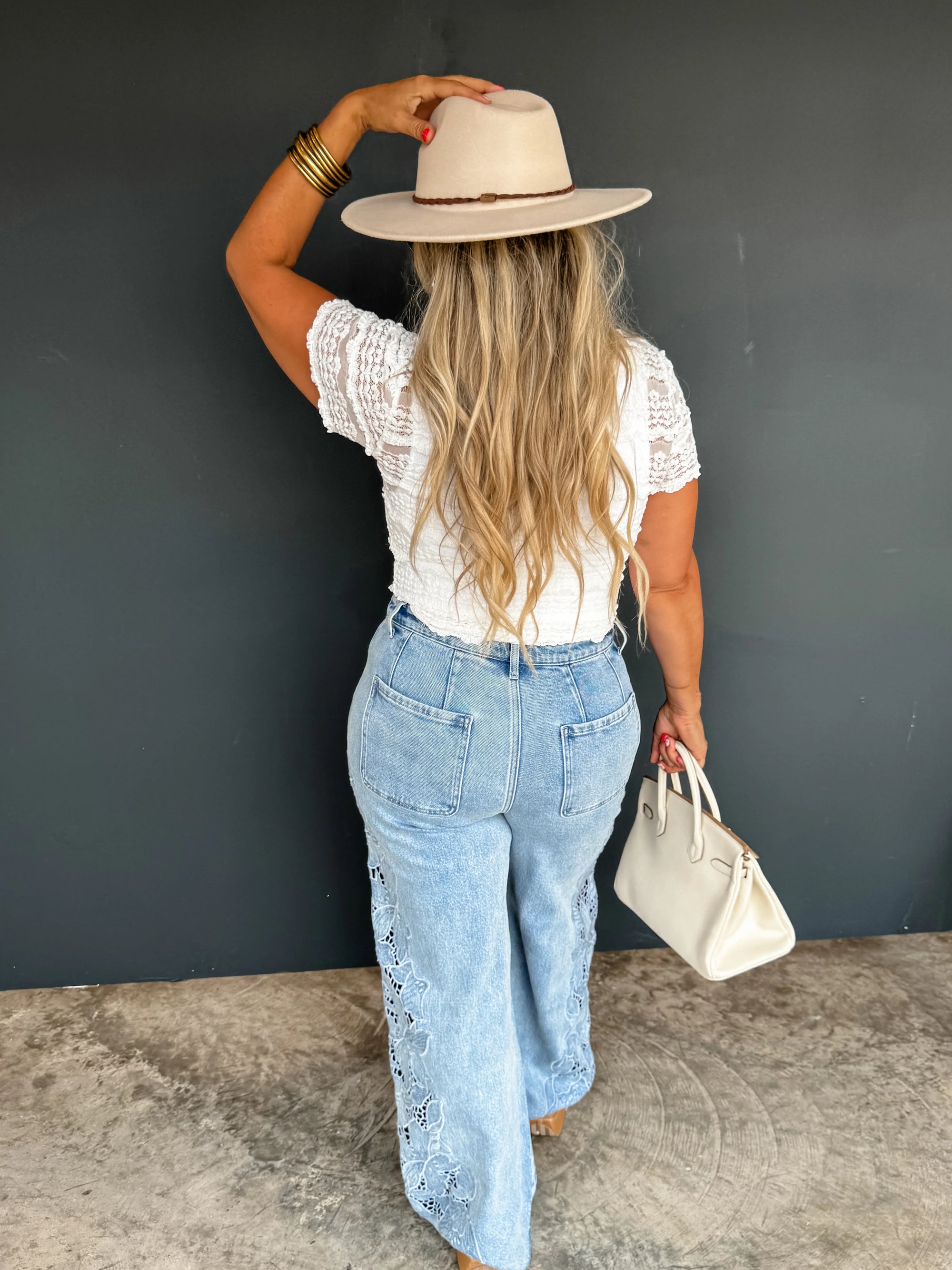 Floral Charm Wide Leg Denim - Light Wash
