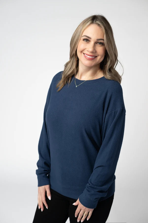 ***PRE-ORDER*** Michelle Mae Corrine Ribbed Pullover Top - Navy